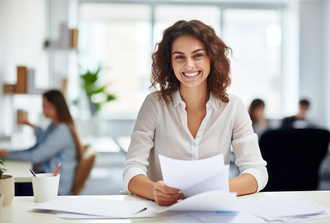 A smiling girl holding a document at the Verbshine Translation & Localization office.